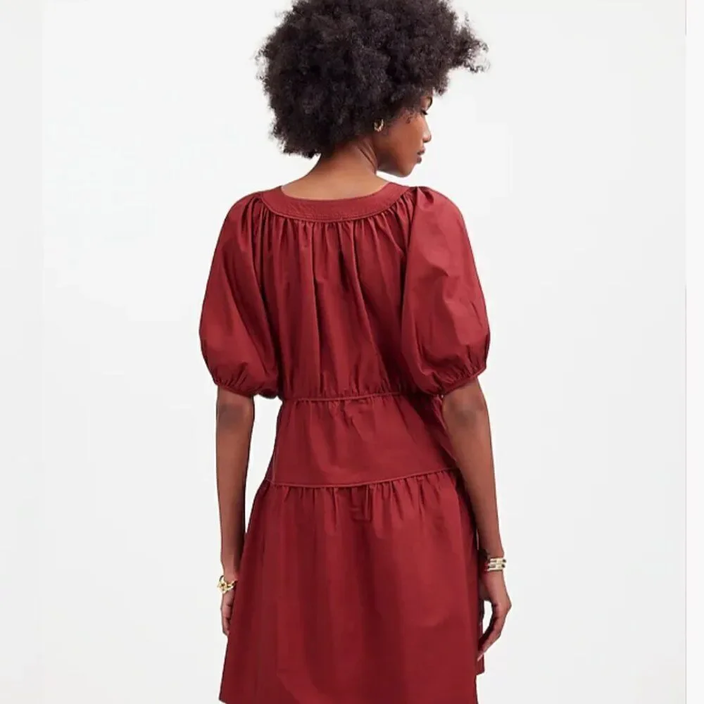 Madewell Puff-Sleeve Mini Dress in Poplin Claret burgundy  NWT
